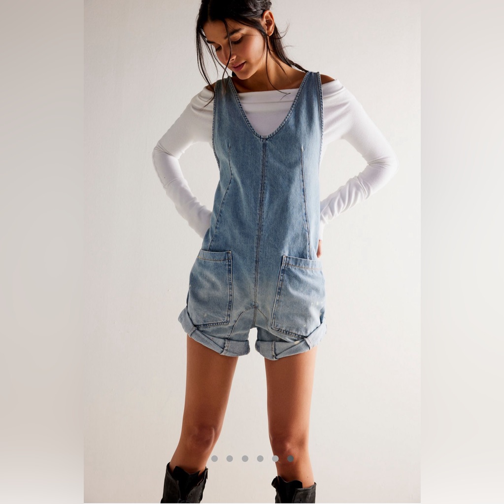 We The Free Light Wash Denim Short Overalls